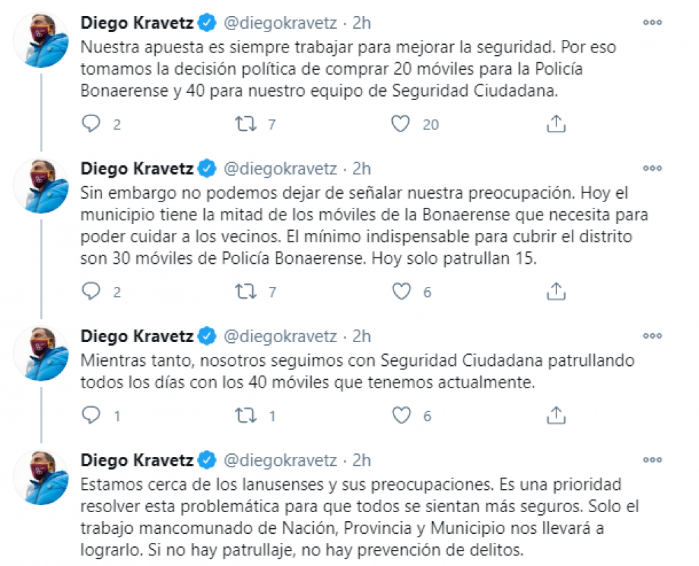 En una serie de tuits Diego Kravetz manifesto su preocupaci�n por la falta de patrulleros para la Polic�a Bonaerense en Lan�s