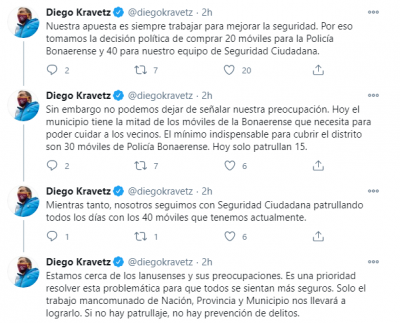 En una serie de tuits Diego Kravetz manifesto su preocupaci�n por la falta de patrulleros para la Polic�a Bonaerense en Lan�s