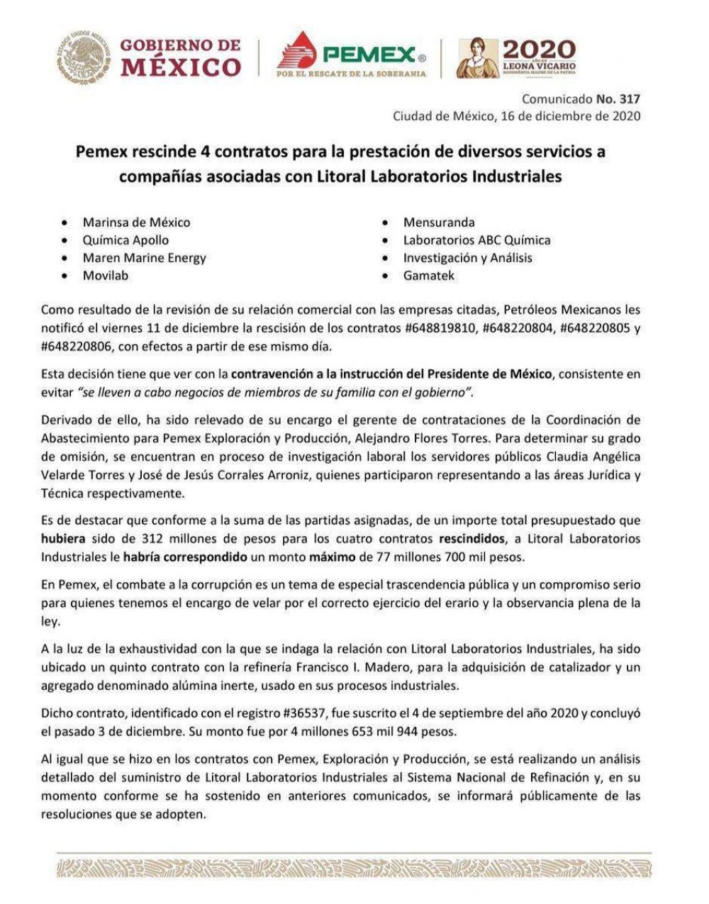 Rescinde Pemex contratos con prima de Lpez Obrador