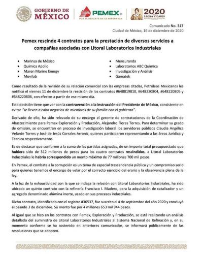 Rescinde Pemex contratos con prima de López Obrador
