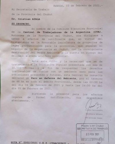 La CTA impulsa un in�dito paro ambiental de 48 horas contra la miner�a en Chubut