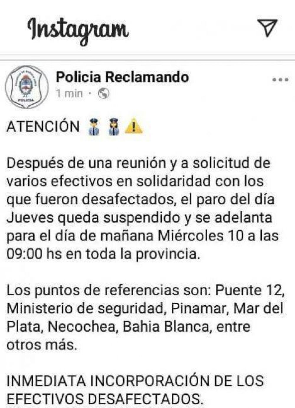 Tras los despidos, la Polic�a amenaza con nuevas protestas: convocan para esta ma�ana