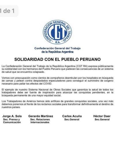 La CGT se solidariz� con Per� ante el aumento de casos de coronavirus en ese pa�s