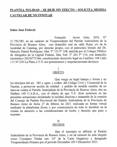 Fernando Gray present� una demanda judicial para impugnar el Consejo del PJ convocado de manera irregular