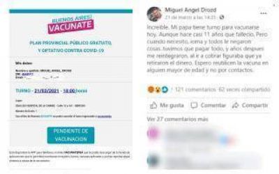 Denuncian que la Provincia le dio turno para vacunarse a un hombre que muri� hace 11 a�os en Berisso