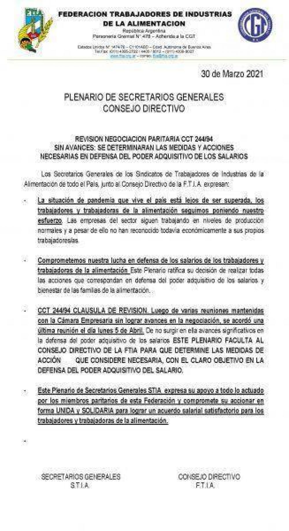 Paritarias: Alimentaci�n intima a la patronal a presentar una oferta el pr�ximo lunes