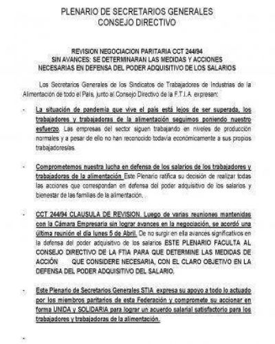 Paritarias: Alimentaci�n intima a la patronal a presentar una oferta el pr�ximo lunes