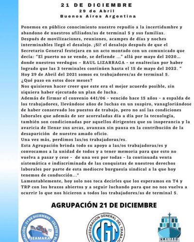 La Agrupacin 21 de Diciembre apunt contra la direccin de SEAMARA