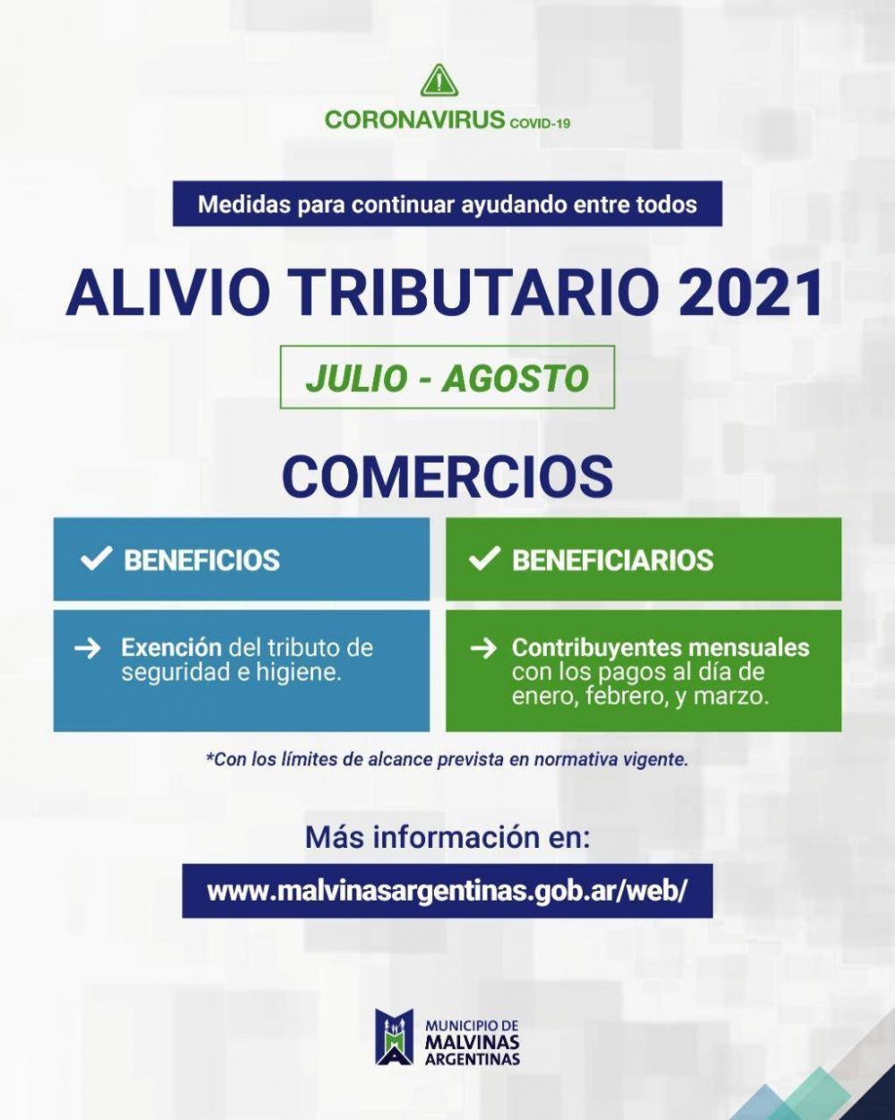 El Municipio de Malvinas Argentinas dispone nuevas medidas de alivio fiscal para sectores afectados por la pandemia de COVID-19