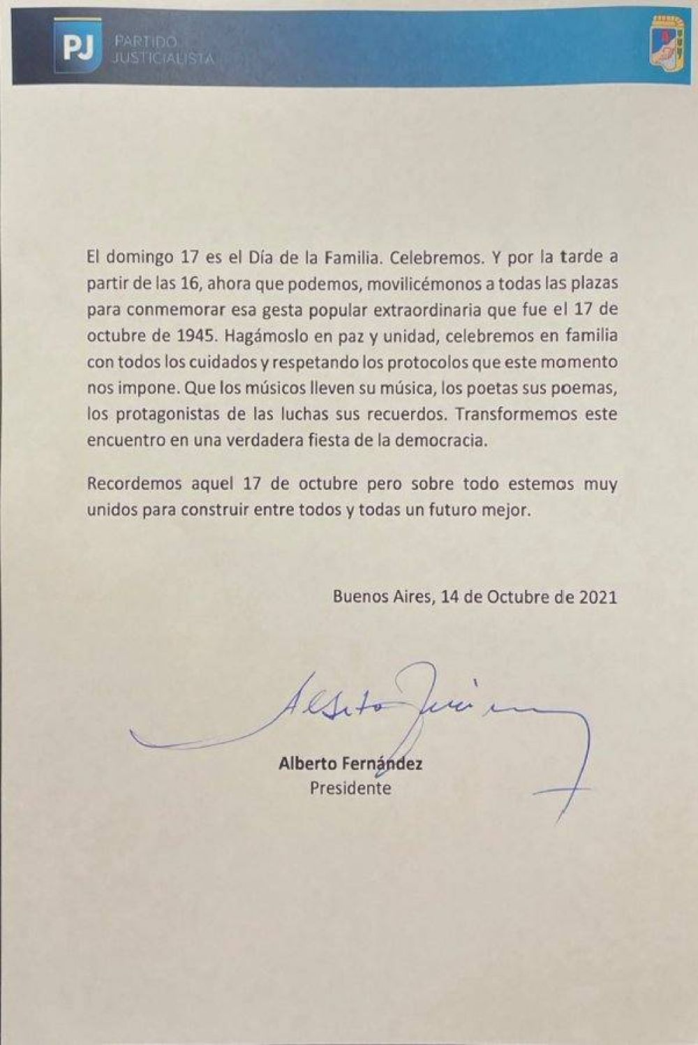 Alberto Fern�ndez llam� a movilizar por el 17 de octubre en 