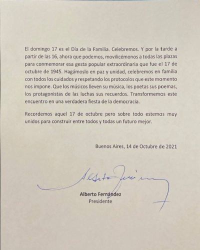 Alberto Fern�ndez llam� a movilizar por el 17 de octubre en 