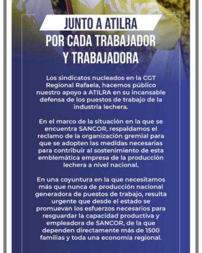 CGT Rafaela envió un contundente mensaje de apoyo a Atilra