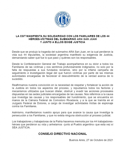 La CGT se solidarizó con los familiares del ARA San Juan y exigió el esclarecimiento de la causa que investigas la escuchas