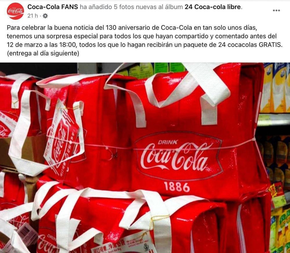 No, Coca-Cola no est regalando 24 refrescos en Facebook por su 130 aniversario: es un timo