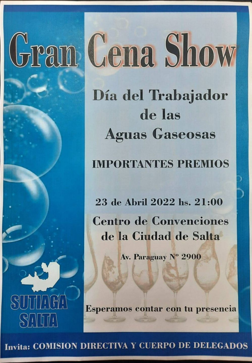 SUTIAGA: 23 de abril Gran cena show da del Trabajador de Aguas Gaseosas en Centro de Convenciones Salta