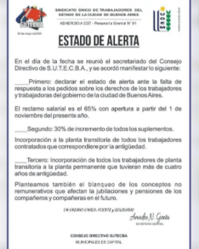 EL SUTECBA se declaró en estado de alerta: Genta le exige a Larreta un aumento del 65% y pases a planta