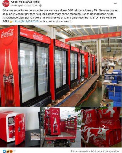 No, la marca de bebidas Coca-Cola no está donando “580 refrigeradoras y minineveras”