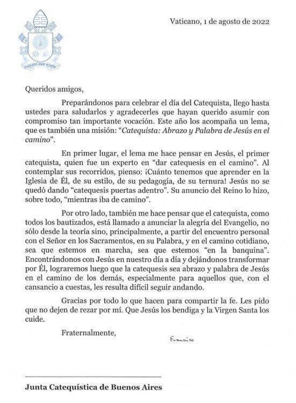 El Papa agradece a los catequistas todo lo que hacen para compartir la fe