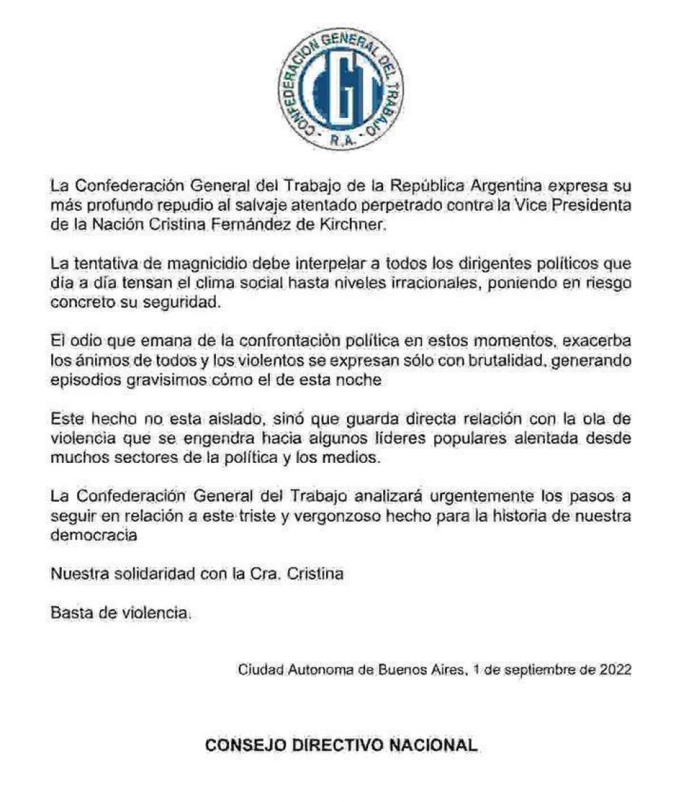 La CGT convoc a una cumbre de urgencia contra el atentado a Cristina Kirchner