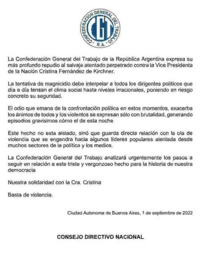 La CGT convocó a una cumbre de urgencia contra el atentado a Cristina Kirchner