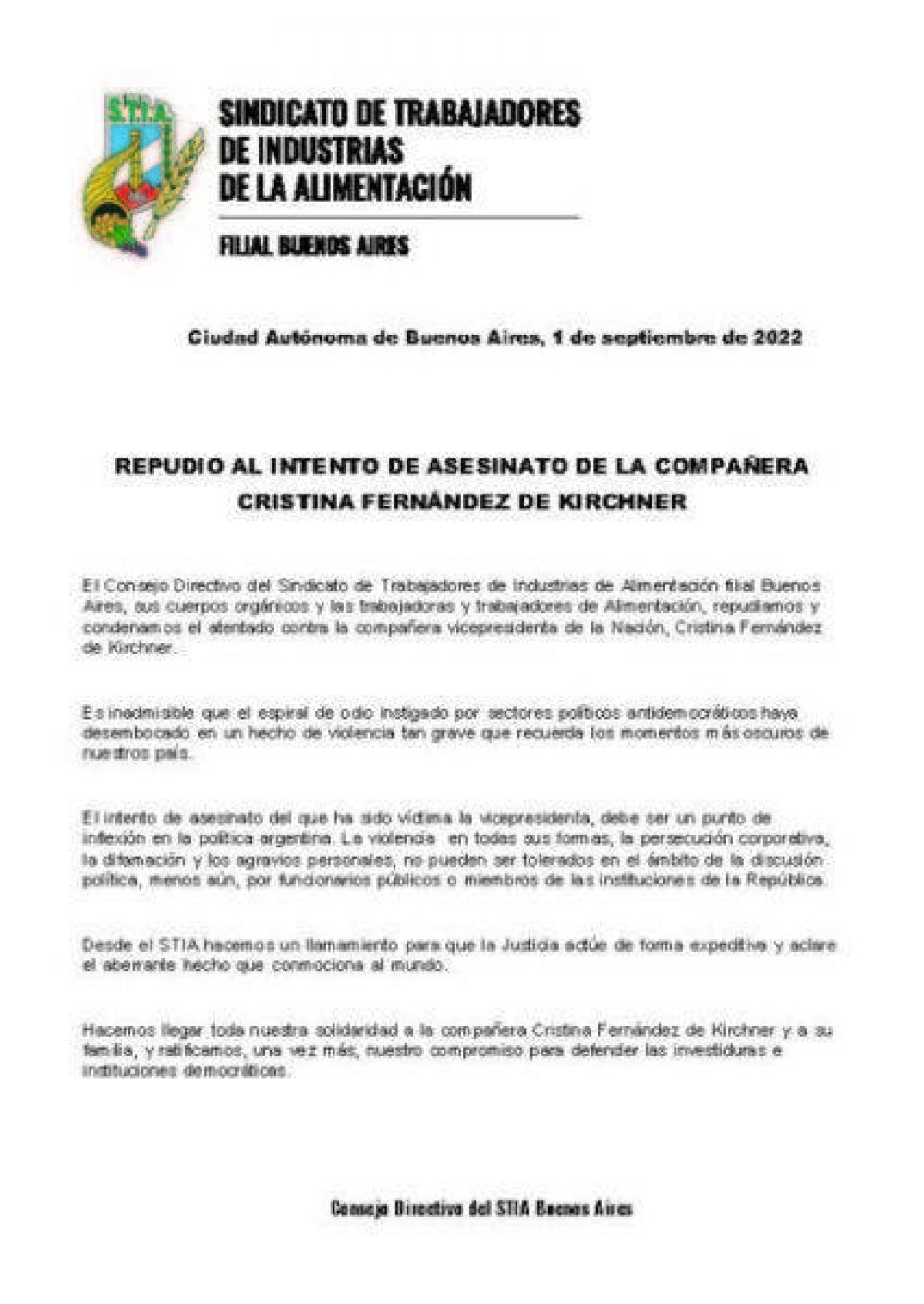 El STIA repudi el intento de asesinato a Cristina Kirchner