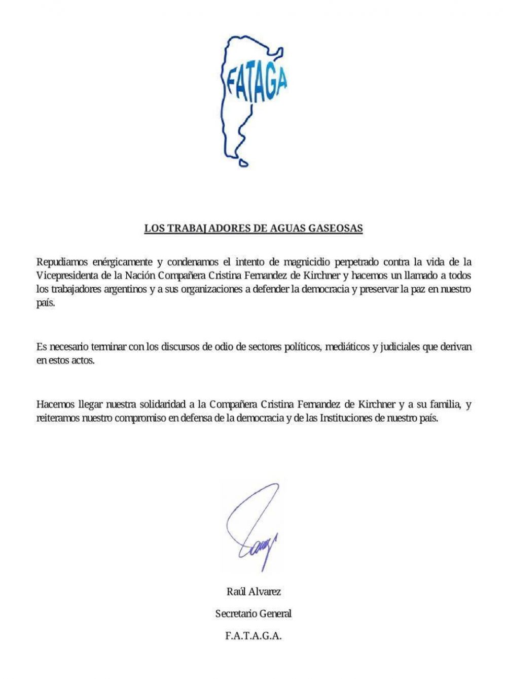 FATAGA repudió el intento de magnicidio contra Cristina Kirchner