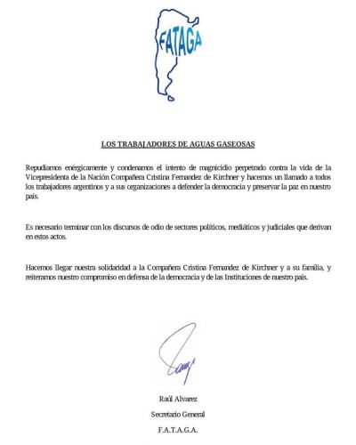 FATAGA repudió el intento de magnicidio contra Cristina Kirchner