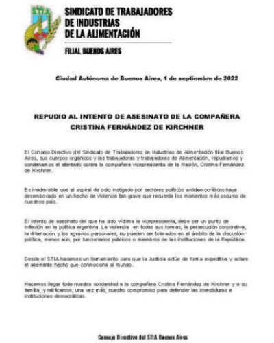 El STIA repudió el intento de asesinato a Cristina Kirchner
