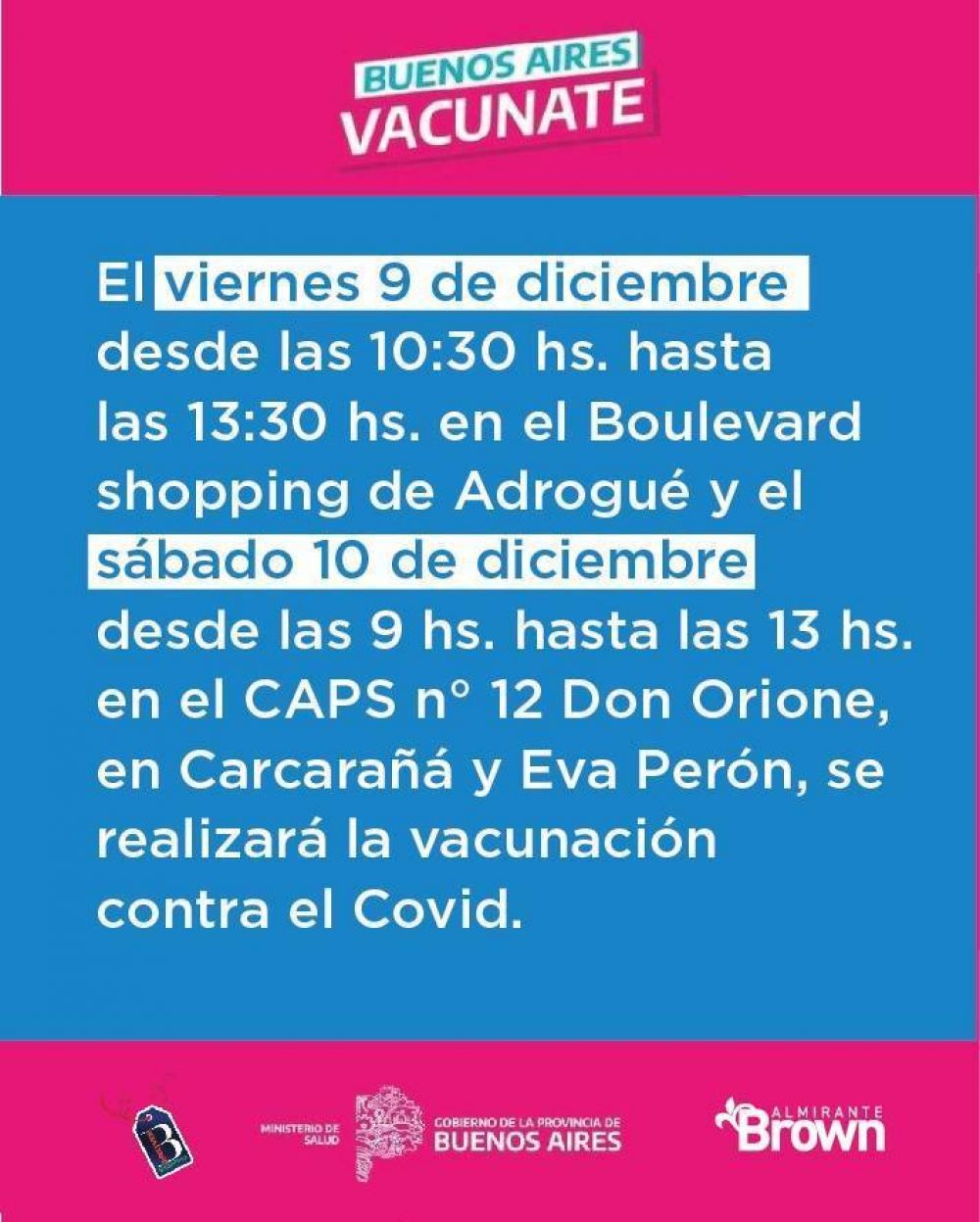 Almirante Brown: Habilitan dos postas de vacunaci�n para el viernes y s�bado en el municipio