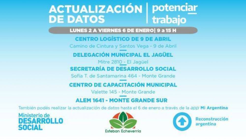 El Municipio de Echeverra contar con espacios para que las beneficiarias y los beneficiarios de Potenciar Trabajo actualicen sus datos personales