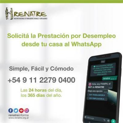 RENATRE lanzó servicio de WhatsApp para que los trabajadores rurales soliciten la prestación por desempleo