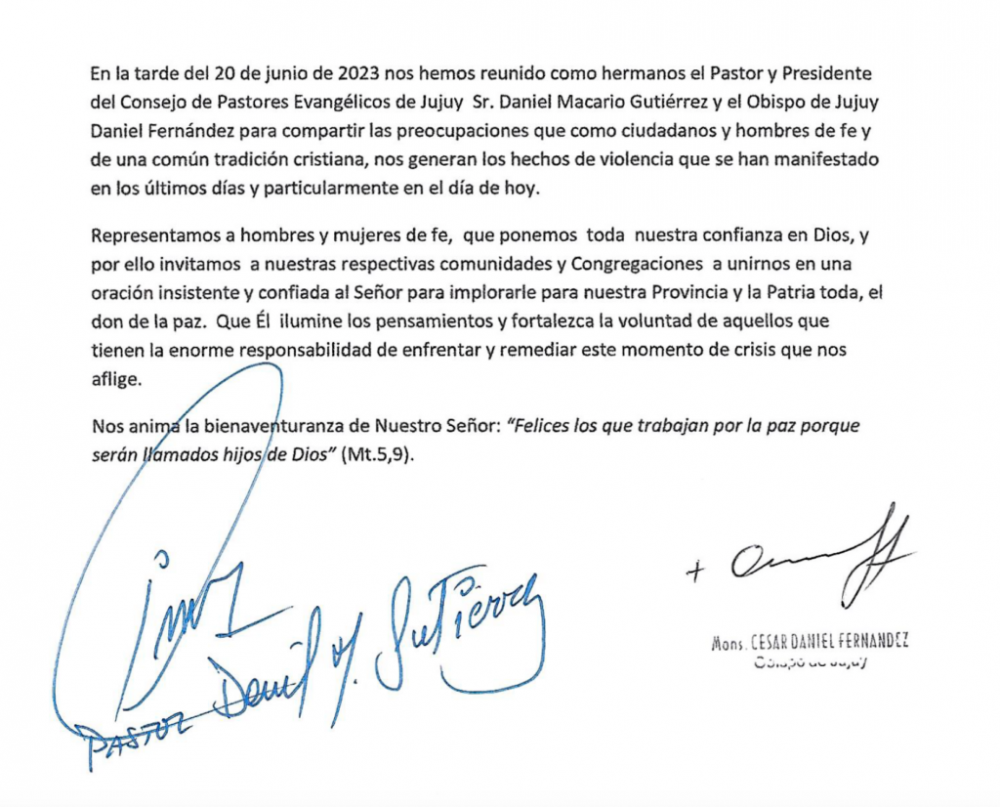 El Consejo de Pastores de Jujuy llama a la oracin por la paz de la provincia