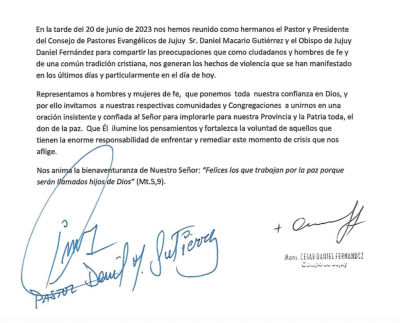 El Consejo de Pastores de Jujuy llama a la oración por la paz de la provincia