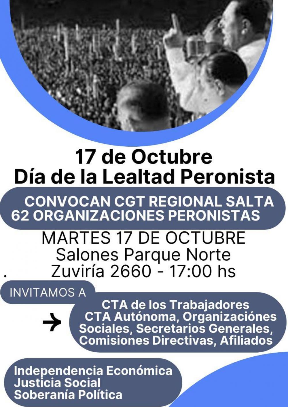 CGT Salta y 62, invitan al acto por el 17 de Octubre, Da de la Lealtad
