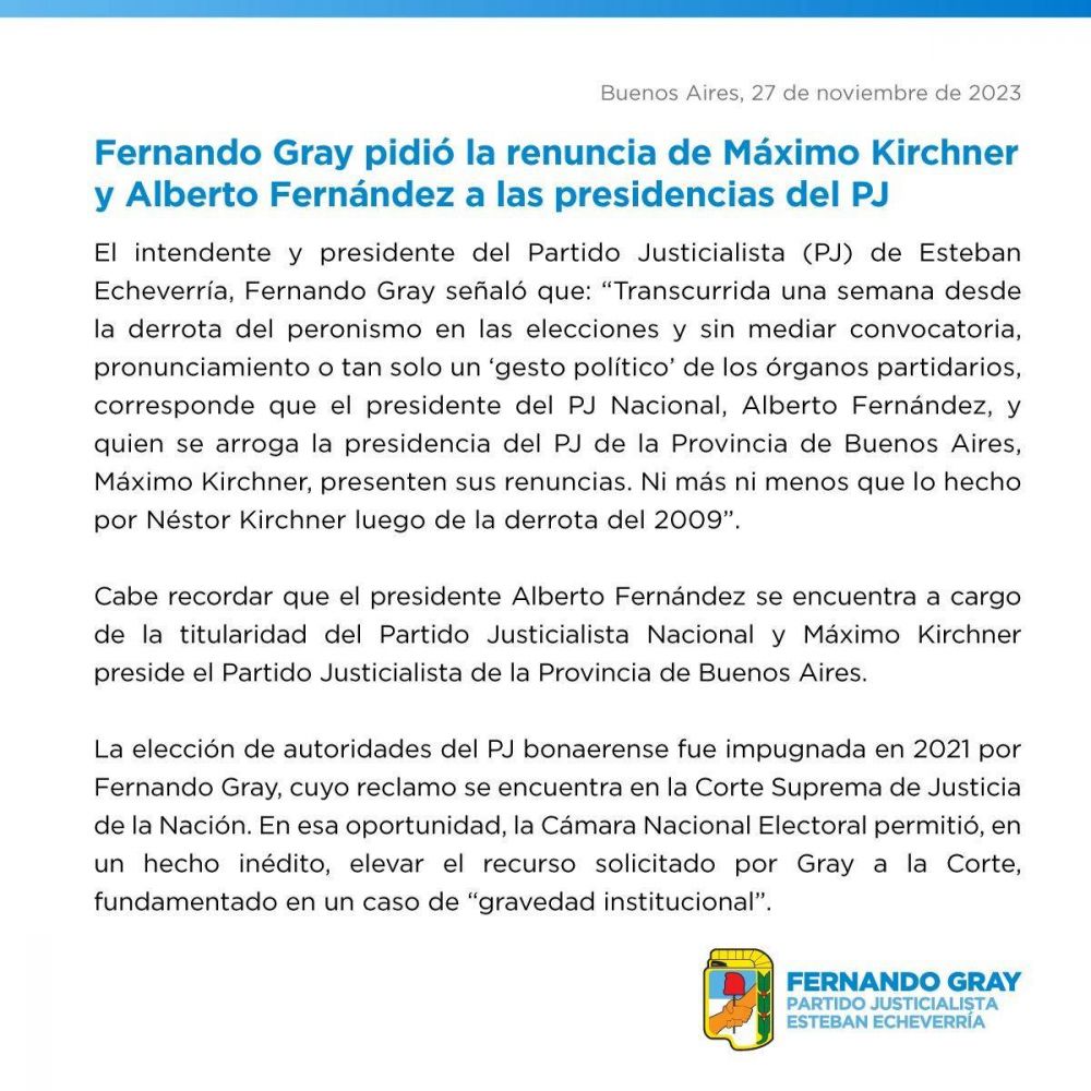 Fernando Gray pidi la renuncia de Mximo Kirchner y Alberto Fernndez a las presidencias del PJ