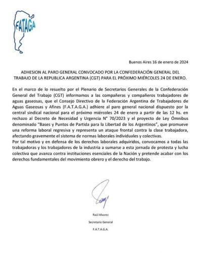 FATAGA ratific su adhesin al paro general convocado por CGT