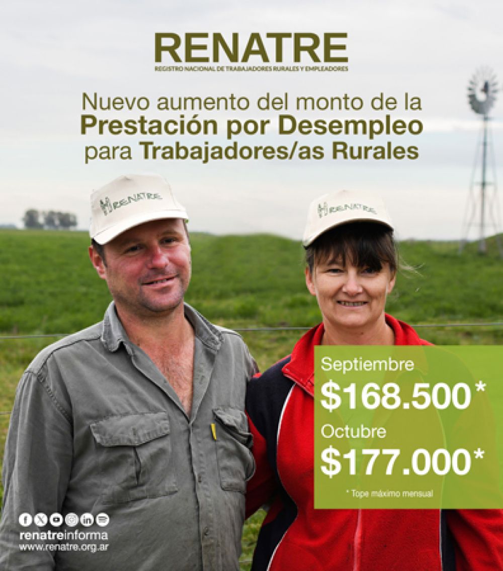 El RENATRE aumenta las prestaciones por desempleo alcanzando los $177.000 en octubre