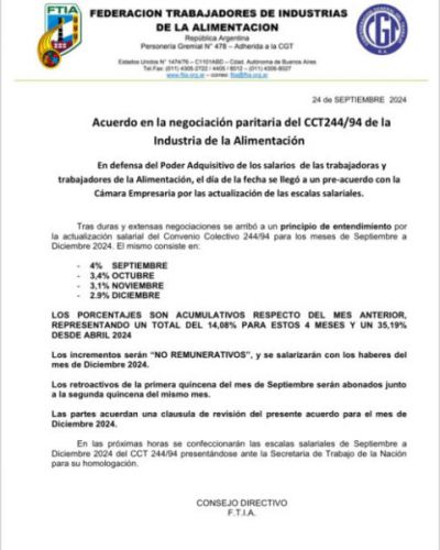 Acuerdo en la negociacin paritaria de Alimentacin