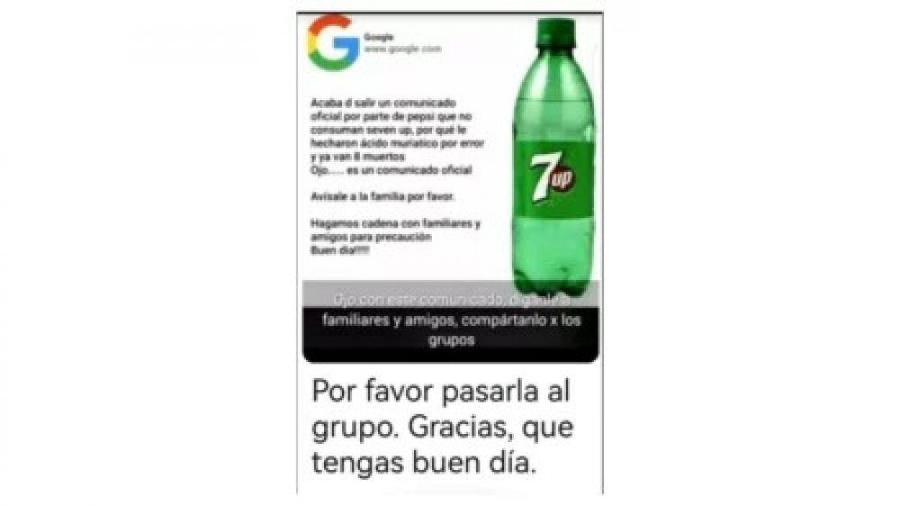 No, Pepsi no sac un comunicado para advertir que no se tome 7Up porque le echaron cido muritico