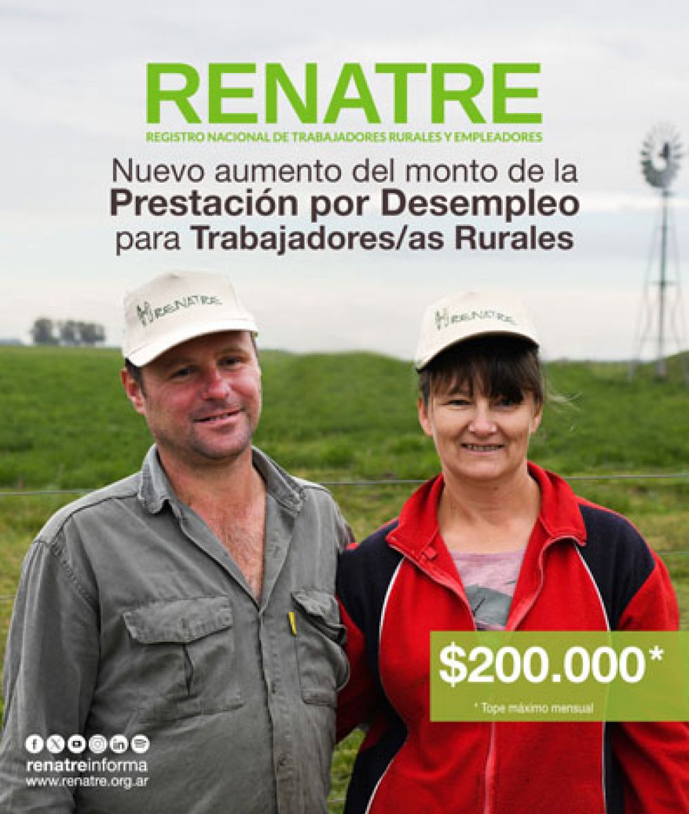 El RENATRE sube a $200.000 las prestaciones por desempleo a partir de diciembre