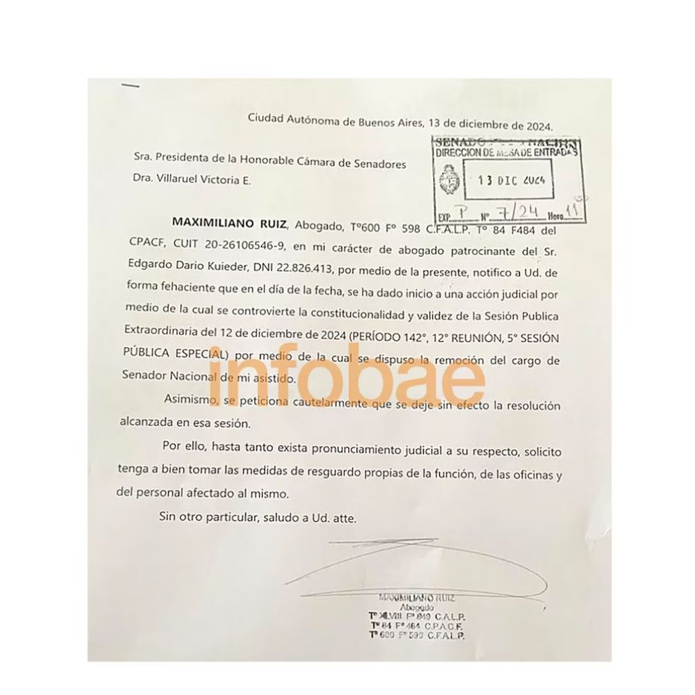 Kueider present un recurso de amparo por irregularidades en la sesin del Senado y busca ser restituido en su cargo