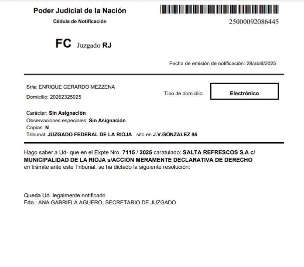 Salta Refrescos S.A. impugna tasas municipales de La Rioja por inconstitucionalidad ante el Juzgado Federal