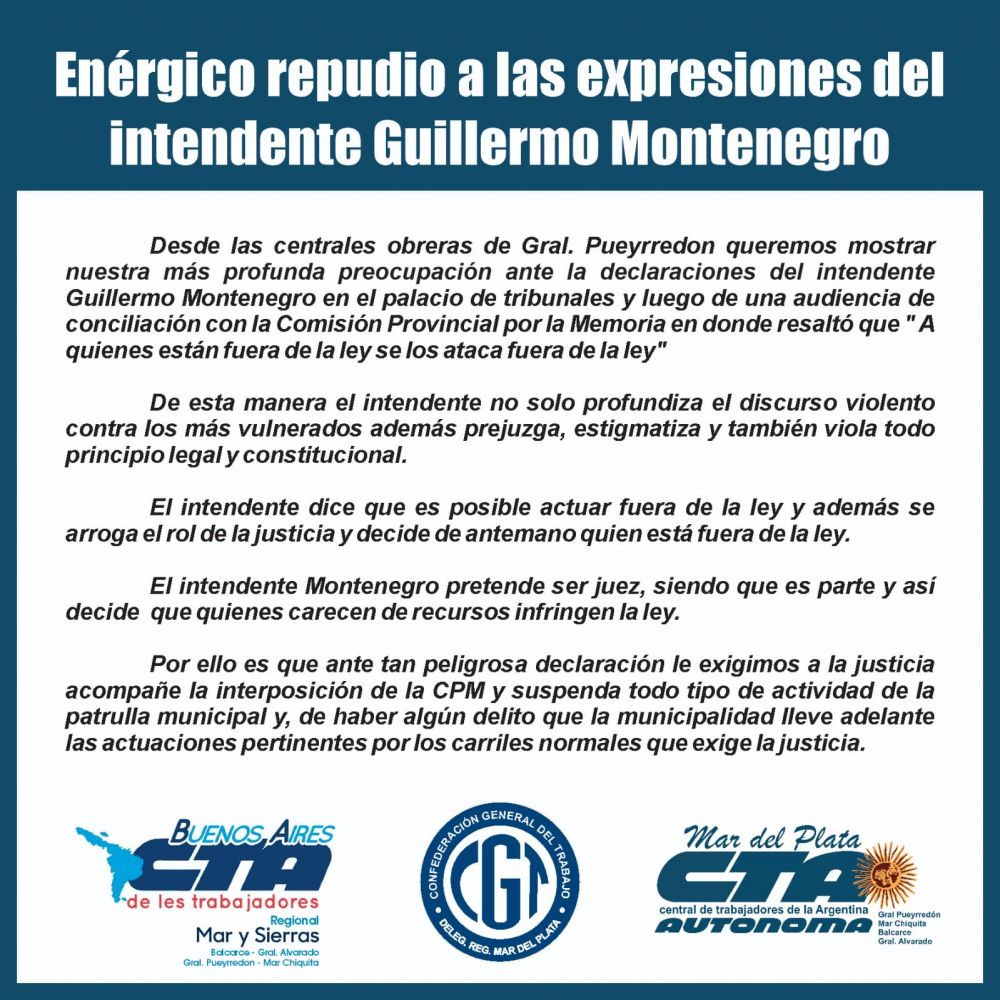 Amplio repudio gremial a las declaraciones de Montenegro: El Intendente viola todo principio legal y constitucional