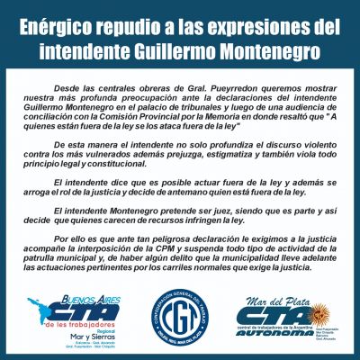 Amplio repudio gremial a las declaraciones de Montenegro: El Intendente viola todo principio legal y constitucional