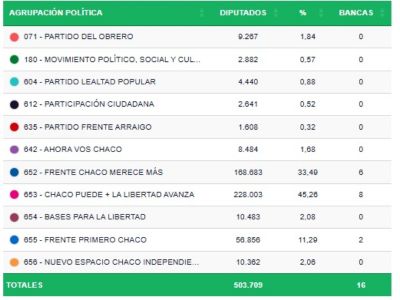 El frente Chaco Puede-La Libertad Avanza fue el ms votado en las elecciones legislativas de este domingo
