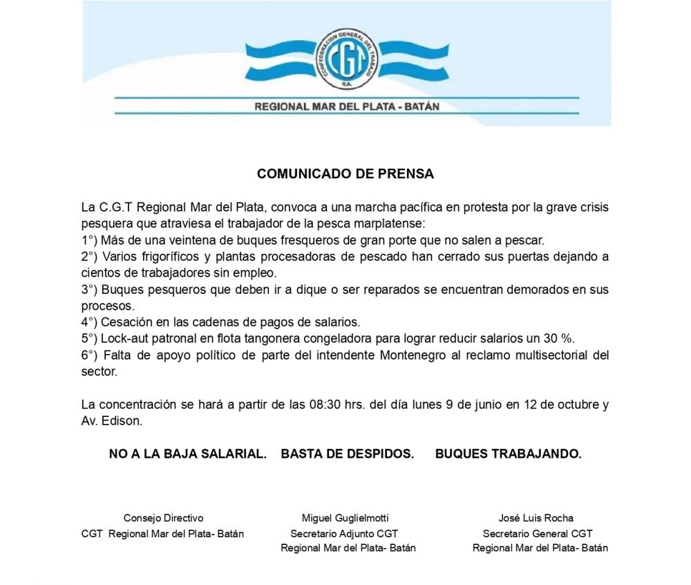 La CGT convoc a una marcha pacfica en protesta por la grave crisis pesquera que afecta a los trabajadores en Mar del Plata