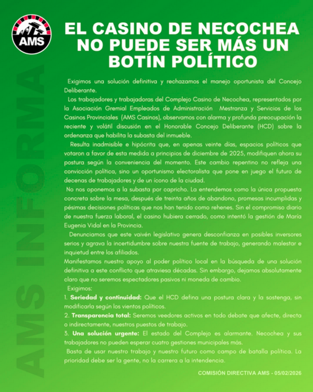 �El Casino de Necochea no puede ser m�s un bot�n pol�tico� afirmaron desde AMS Casinos junto a los trabajadores del Complejo Casino Necochea
