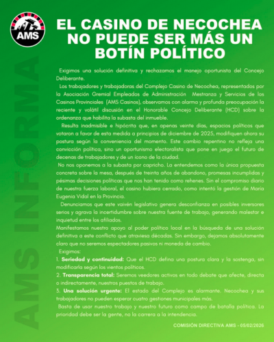 �El Casino de Necochea no puede ser m�s un bot�n pol�tico� afirmaron desde AMS Casinos junto a los trabajadores del Complejo Casino Necochea