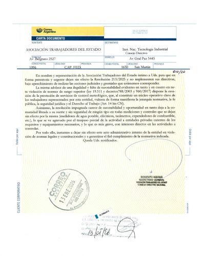 ATE intima judicialmente al Gobierno por el intento de privatizaci�n del �rea de Metrolog�a del INTI