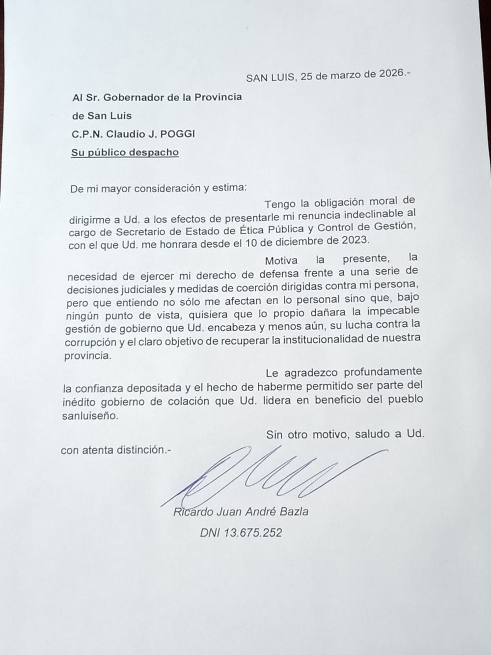 El Gobernador le acept� la renuncia al secretario de �tica P�blica y Control de Gesti�n, Ricardo Bazla